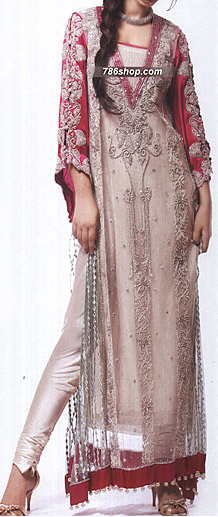  Ivory/Hot Pink Chiffon Suit | Pakistani Party Wear Dresses USA- Image 1