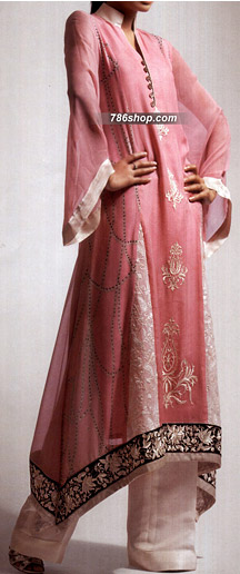  Pink/Off-White Chiffon Suit | Pakistani Party Wear Dresses USA- Image 1