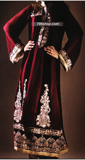  Maroon Chiffon Suit   | Pakistani Party Wear Dresses- Image 1
