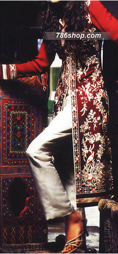  Red/Off-White Chiffon Suit | Pakistani Party Wear Dresses- Image 1