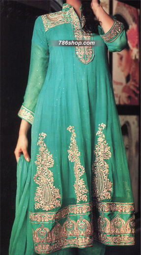  Sea Green Chiffon Suit  | Pakistani Party Wear Dresses- Image 1