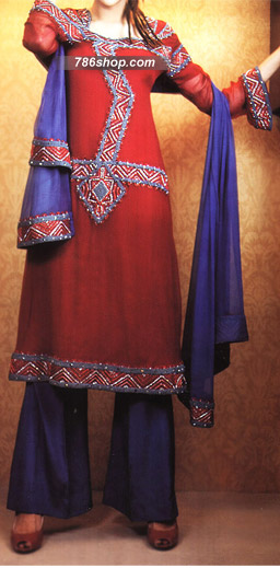  Red/Blue Chiffon Suit   | Pakistani Party Wear Dresses- Image 1