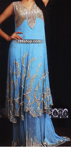  Turquoise Chiffon Lehnga Suit | Pakistani Party Wear Dresses- Image 1