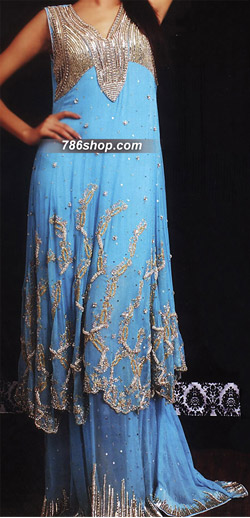  Turquoise Chiffon Lehnga Suit | Pakistani Party Wear Dresses USA- Image 1