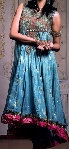  Turquoise Chiffon Jamawar Suit | Pakistani Party Wear Dresses USA- Image 1