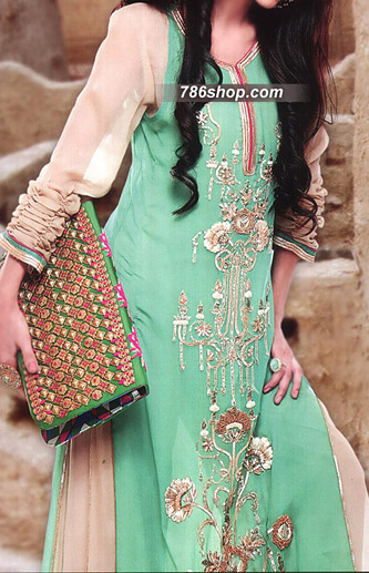  Sea Green/Light Golden Chiffon Suit | Pakistani Party Wear Dresses- Image 1