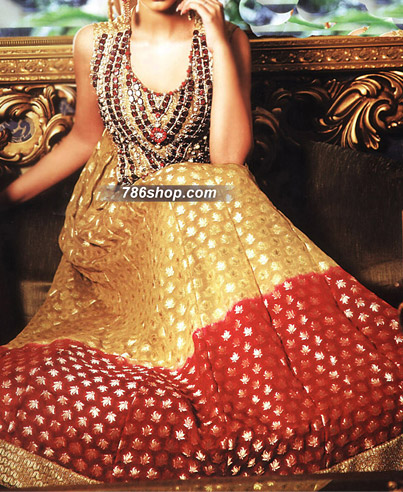  Golden/Red Chiffon Jamawar Suit | Pakistani Party Wear Dresses- Image 1