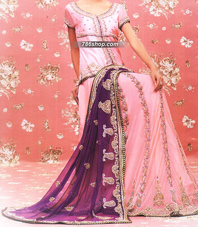  Pink Chiffon Lehnga Suit | Pakistani Party Wear Dresses- Image 1