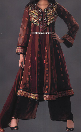 Brown Jamawar Chiffon Suit  | Pakistani Party Wear Dresses USA- Image 1