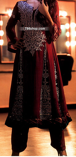  Maroon Chiffon Suit | Pakistani Party Wear Dresses- Image 1