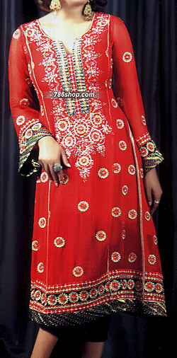  Red Chiffon Suit | Pakistani Party Wear Dresses- Image 1