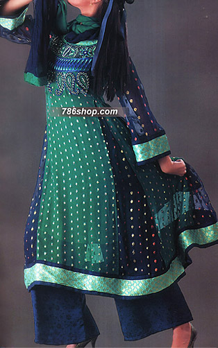  Sea Green/Blue Jamawar Chiffon Suit | Pakistani Party Wear Dresses- Image 1