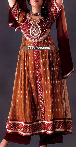  Rust/Red Jamawar Chiffon Suit | Pakistani Party Wear Dresses- Image 1