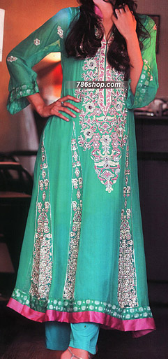  Sea Green Chiffon Suit | Pakistani Party Wear Dresses- Image 1