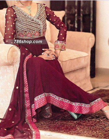 Dark Magenta Chiffon Suit   | Pakistani Party Wear Dresses USA- Image 1