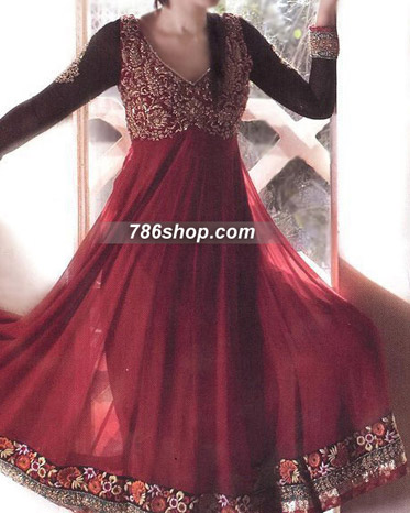  Maroon Chiffon Suit | Pakistani Party Wear Dresses- Image 1