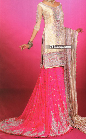  Golden/Hot Pink Chiffon Lehnga | Pakistani Wedding Dresses- Image 1