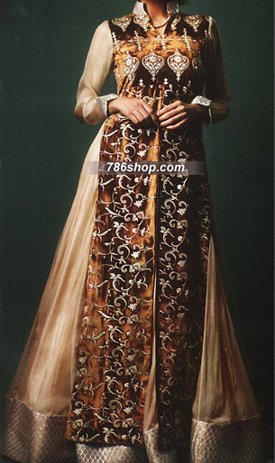  Golden/Brown Chiffon Suit | Pakistani Party Wear Dresses- Image 1