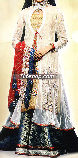  Off-White/Blue Chiffon Lehnga | Pakistani Party Wear Dresses- Image 1