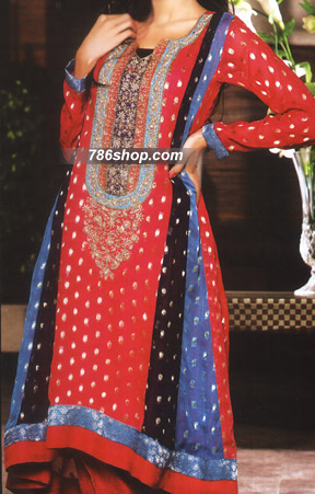  Red Chiffon Jamawar Suit  | Pakistani Party Wear Dresses- Image 1