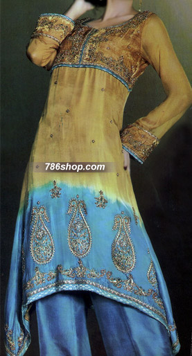  Golden/Turquoise Chiffon Suit  | Pakistani Party Wear Dresses- Image 1