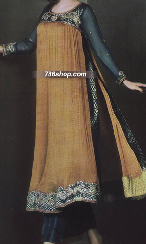  Golden/Bottle Green Chiffon Suit | Pakistani Party Wear Dresses USA- Image 1