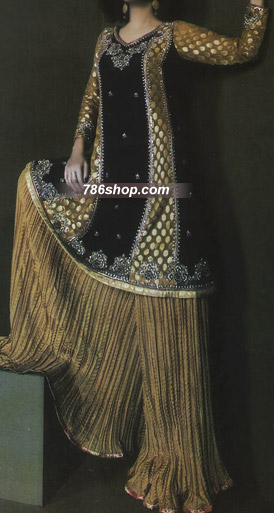  Black/Golden Chiffon Suit | Pakistani Party Wear Dresses- Image 1