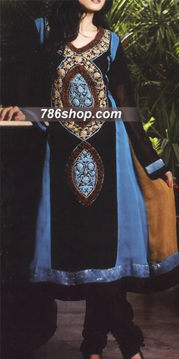  Black/Turquoise Chiffon Suit   | Pakistani Party Wear Dresses- Image 1