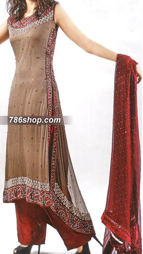 Fawn/Red Chiffon Suit | Pakistani Party Wear Dresses