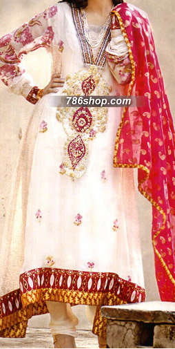  Off-White/Red Chiffon Suit  | Pakistani Party Wear Dresses USA- Image 1