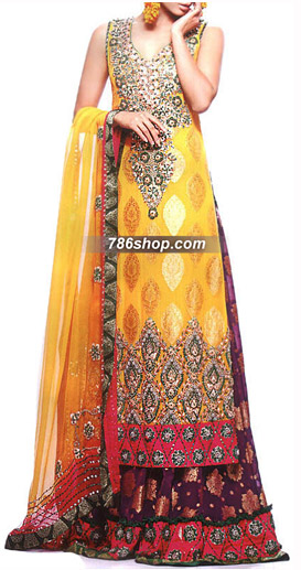  Yellow/Purple Chiffon Jamawar Suit | Pakistani Party Wear Dresses- Image 1