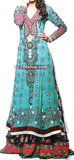  Turquoise/Purple Chiffon Suit  | Pakistani Party Wear Dresses- Image 1