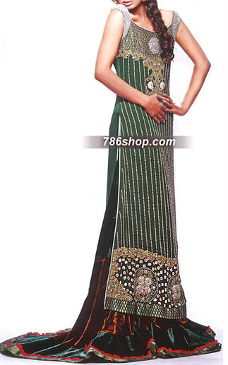  Dark Green Chiffon Suit | Pakistani Party Wear Dresses- Image 1