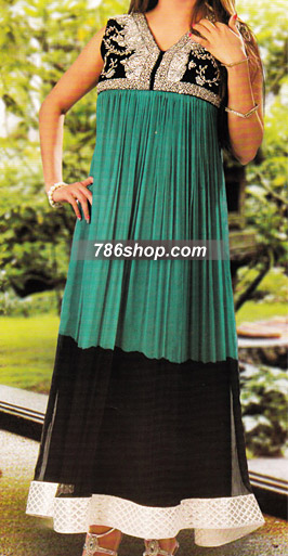  Sea Green/Black Chiffon Suit | Pakistani Party Wear Dresses- Image 1