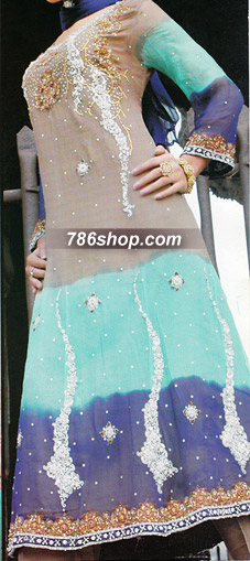  Purple/Sky Blue/Beige Chiffon Suit | Pakistani Party Wear Dresses- Image 1