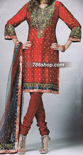  Red Silk Suit | Pakistani Party Wear Dresses- Image 1
