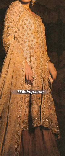  Golden Chiffon Suit | Pakistani Party Wear Dresses- Image 1