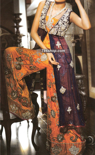  Orange/Purple Trouser Suit | Pakistani Party Wear Dresses USA- Image 1