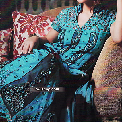  Turquoise Chiffon Suit | Pakistani Party Wear Dresses- Image 1