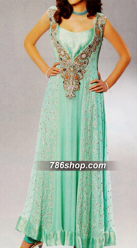  Sea Green Jamawar Chiffon Suit | Pakistani Party Wear Dresses- Image 1