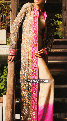  Golden Chiffon Suit | Pakistani Party Wear Dresses- Image 1