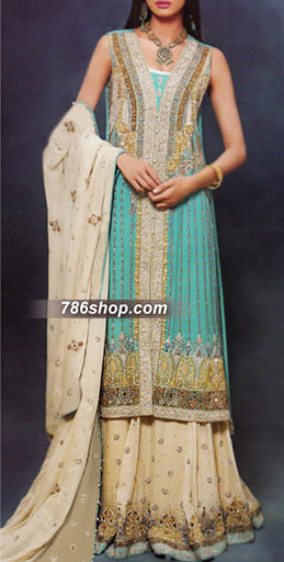  Turquoise/Cream Chiffon Suit  | Pakistani Party Wear Dresses USA- Image 1