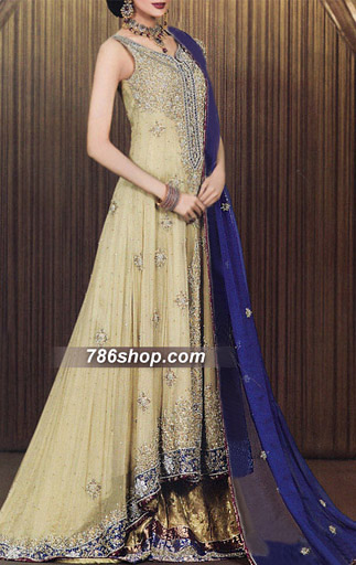  Light Golden Chiffon Lehnga | Pakistani Party Wear Dresses- Image 1