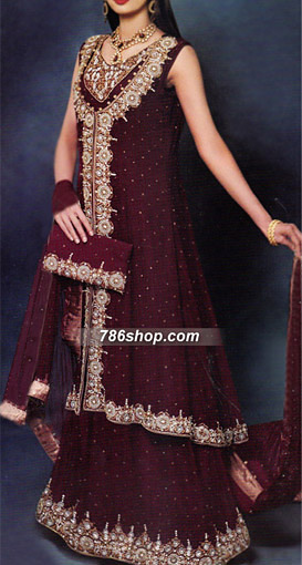  Maroon Chiffon Lehnga  | Pakistani Party Wear Dresses- Image 1