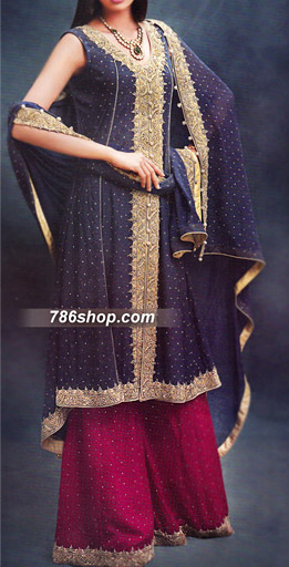Navy Blue/Magenta Chiffon Suit | Pakistani Party Wear Dresses