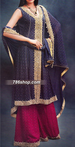  Navy Blue/Magenta Chiffon Suit | Pakistani Party Wear Dresses- Image 1