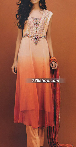  Peach/Orange Chiffon Suit   | Pakistani Party Wear Dresses- Image 1