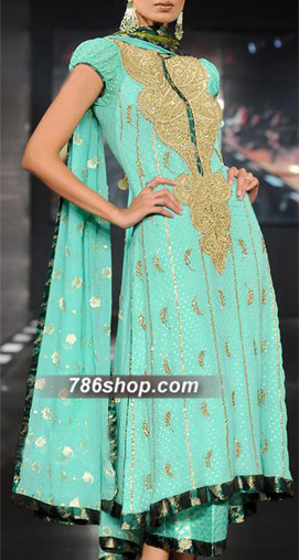  Light Turquoise Jamawar Chiffon Suit  | Pakistani Party Wear Dresses USA- Image 1