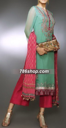  Sea Green/Red Chiffon Suit    | Pakistani Party Wear Dresses USA- Image 1