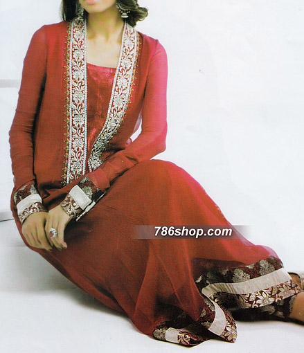  Red Chiffon Suit | Pakistani Party Wear Dresses- Image 1